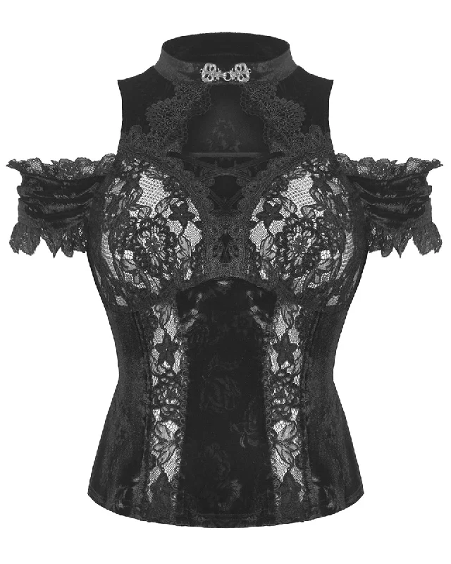 Dark In Love Womens Romantic Gothic Embossed Rose Velvet & Lace Blouse Top Oversized Silk Blouse