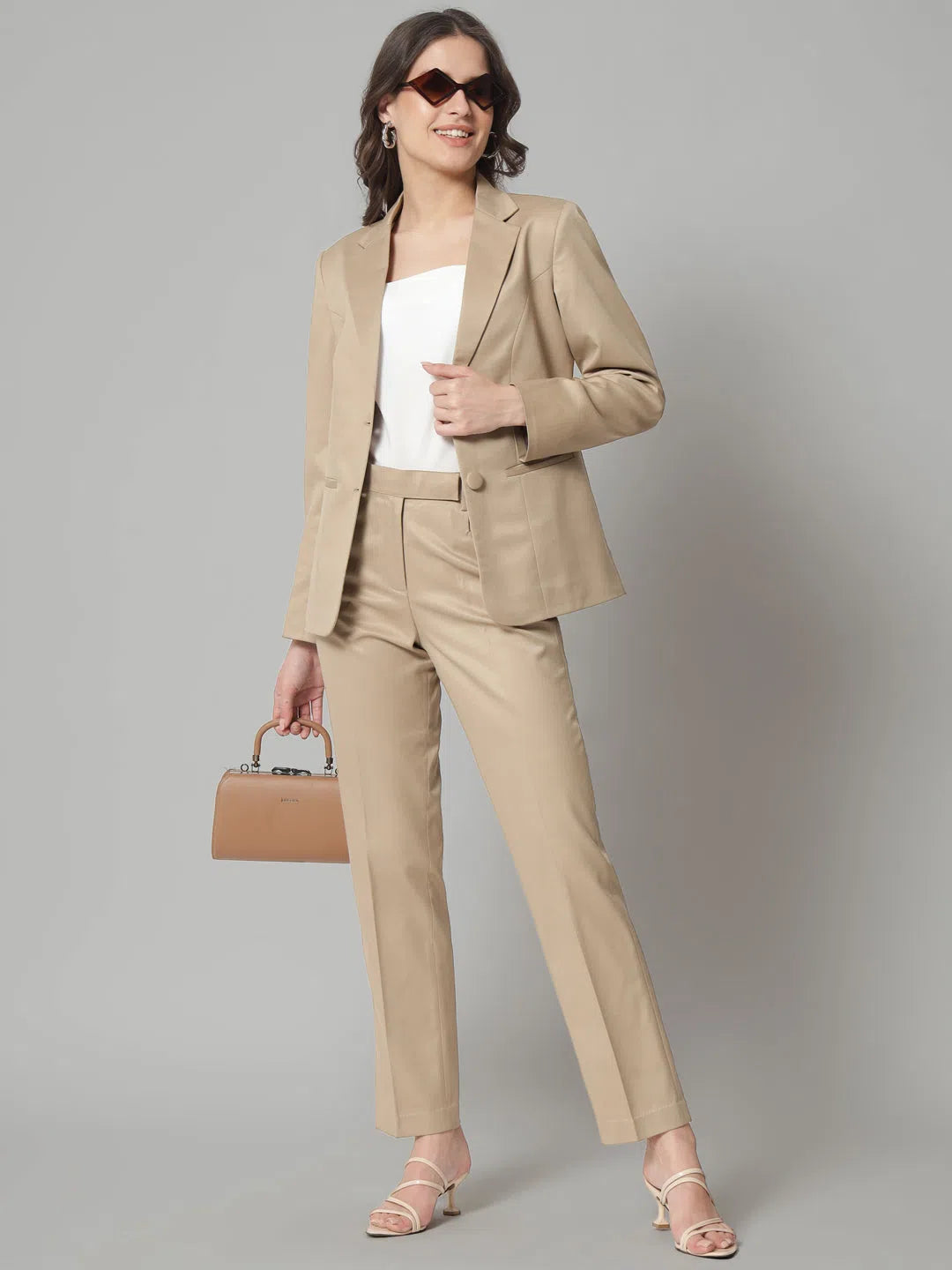 Beige Poly Viscose Pant Suit Classic Straight-Leg Pants