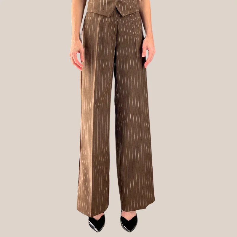 Pinstripe Wide Leg Pants - Brown Slim Fit Casual Pants