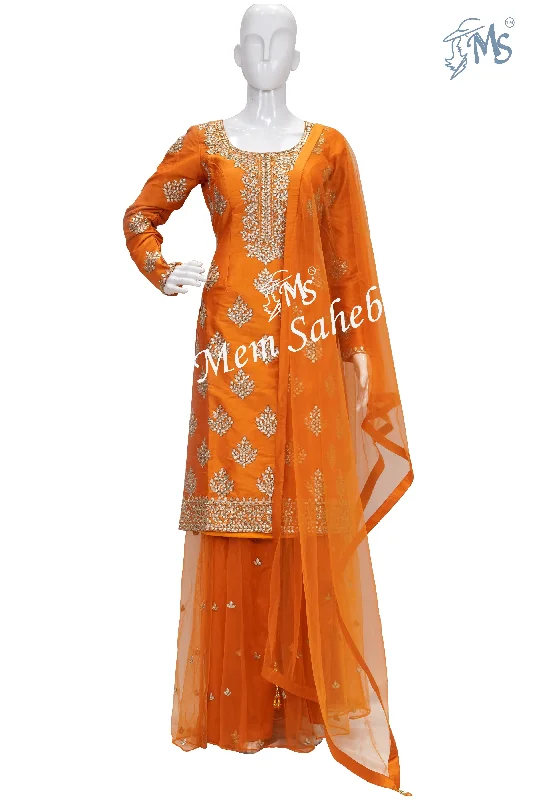 Indo Western Orange Raw Silk Gota Work Top with Net Palazzo Pant Classic Flared Pants