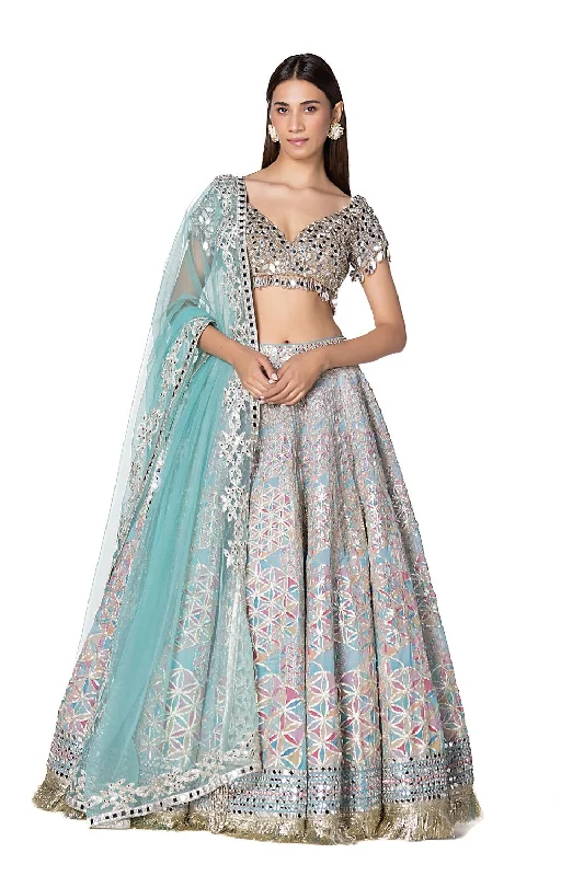 Geometric Pattern Printed Lehenga With Hand Embroidered Blouse Short Sleeve Blouse