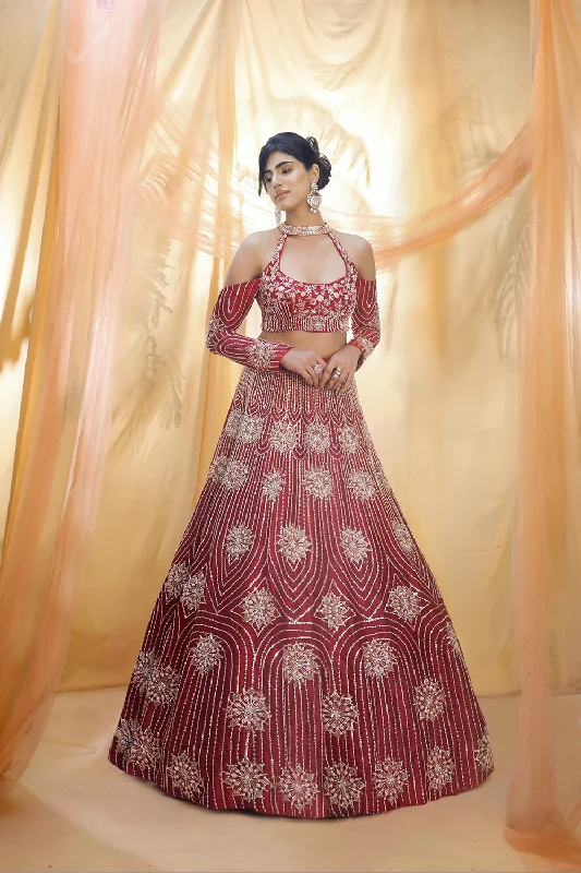 Heavy Red Lehenga With Halter Blouse Casual Stripe Blouse