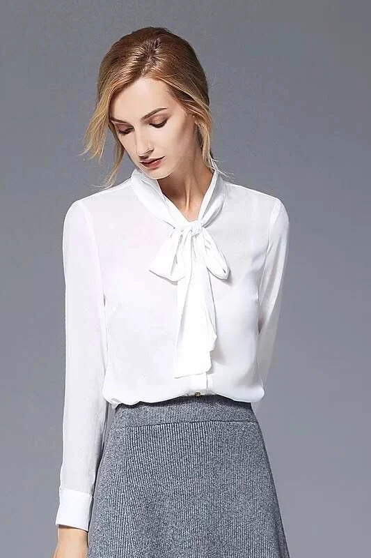 White Chiffon Blouse W/ Tie Peter Pan Collar Blouse