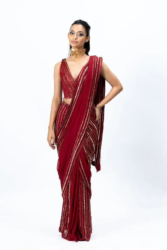 Red Draped Hand-Embroidered Sari with V-neck Blouse Silky Tunic Blouse