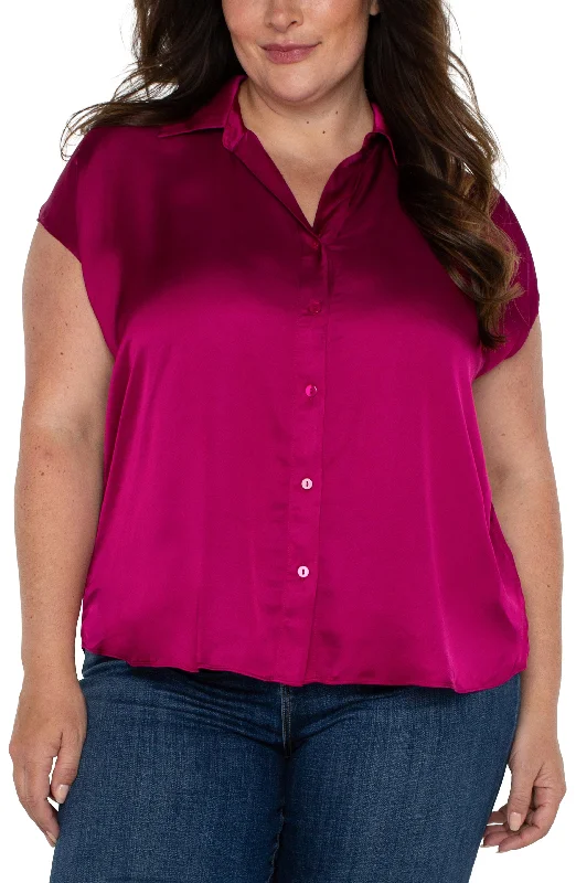 Liverpool Dolman Sleeve Blouse with Collar and Button Front Plus Size(Fuchsia Kiss) Wrap Front Blouse