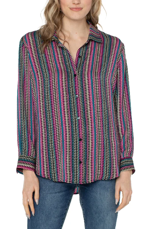 Liverpool Button Up Blouse Woven (Text Multi Stripe) Boho Chic Blouse