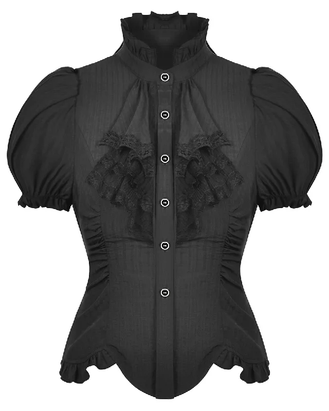 Dark In Love Gothic Steampunk Short Sleeve Ruffle Blouse - Black Satin Bow Blouse