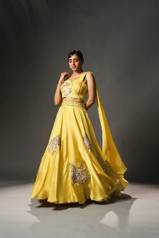 Daffodil organza silk lehenga set with  draped blouse Office-Ready Blouse