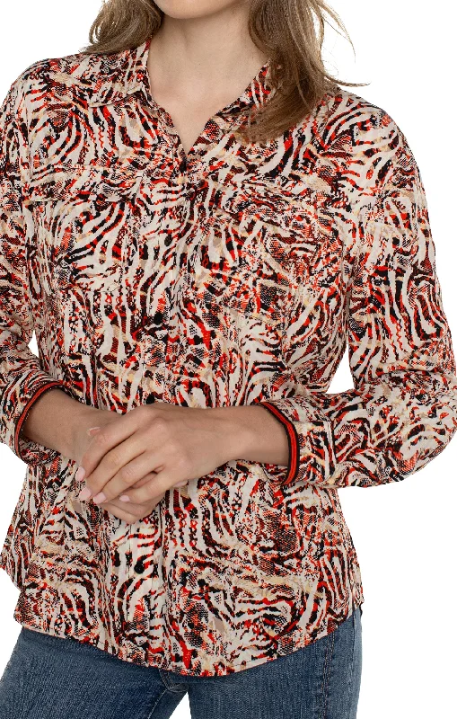 Liverpool Flap Pocket Button Front Woven Blouse (abstract animal) Boho Printed Blouse