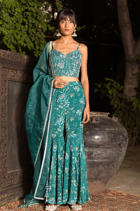 Teal Printed Sharara Set With Crop Blouse And Dupatta Casual Relaxed Fit Blouse