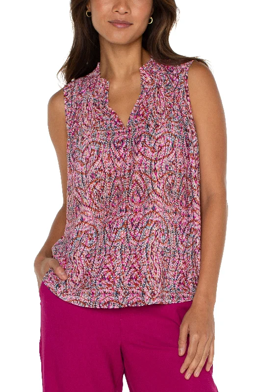 Liverpool Sleeveless Knit Blouse with Smocked Neck (paisley) Textured Cotton Blouse