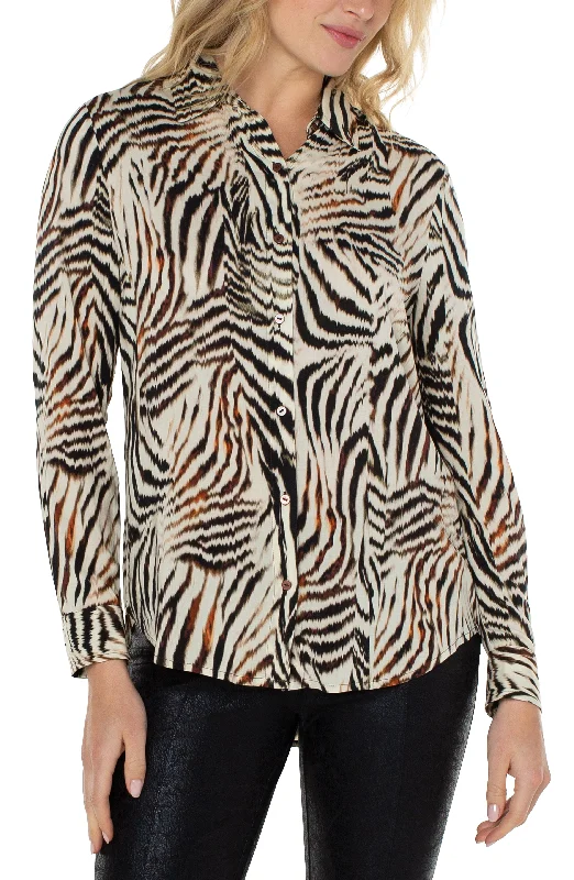 Liverpool Button Front Woven Blouse (allover patchwork animal print) Chic Sleeveless Blouse