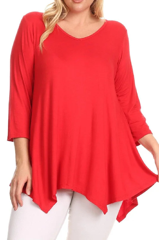 Women's Plus size Knit Tunic Tops Asymmetrical 3/4 Sleeve V-Neck Flowy Blouse Feminine Ruffle Blouse