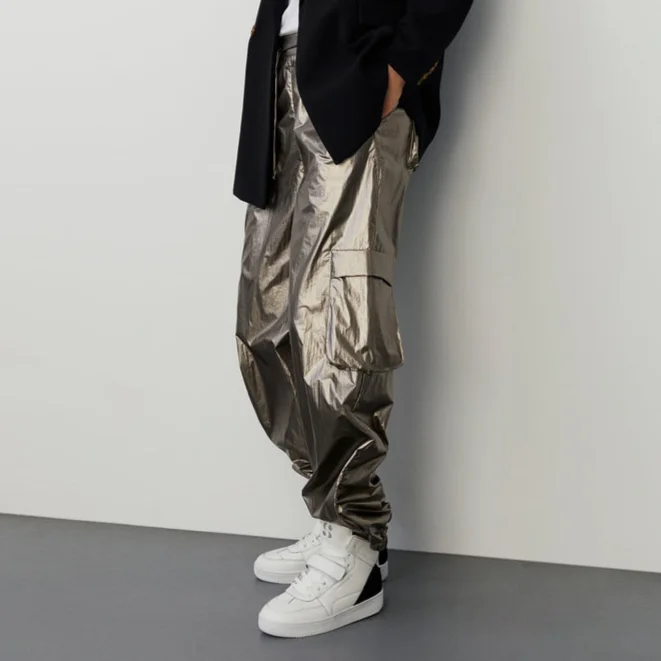 Shiny Cargo Pants Drawstring Waist - Silver Relaxed High-Waist Trousers