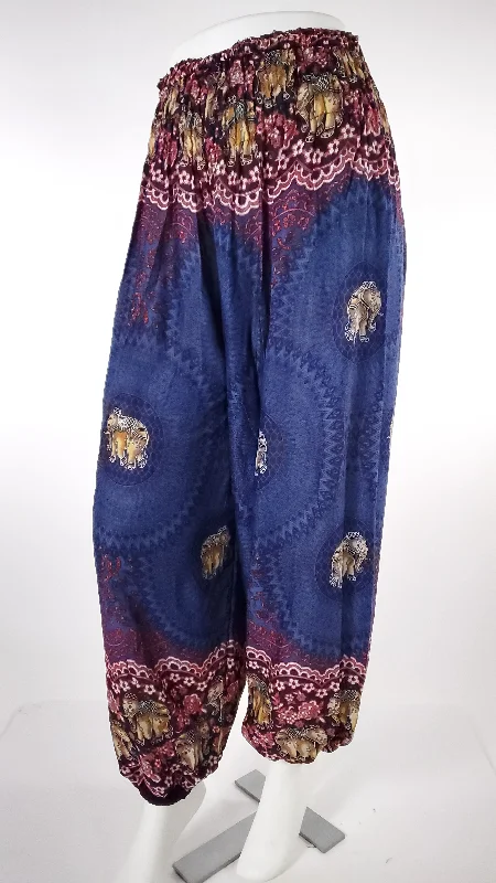 Elephant Design Straight Leg Harem Pants in Blue Elegant Silk Pants