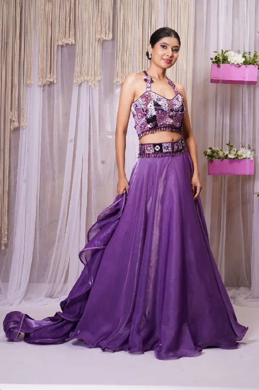 4 PIECE HANDEMBROIDERED BLOUSE WITHLEHENGA SKIRT ,belt AND RUFFLED DUPATTA Backless Summer Blouse