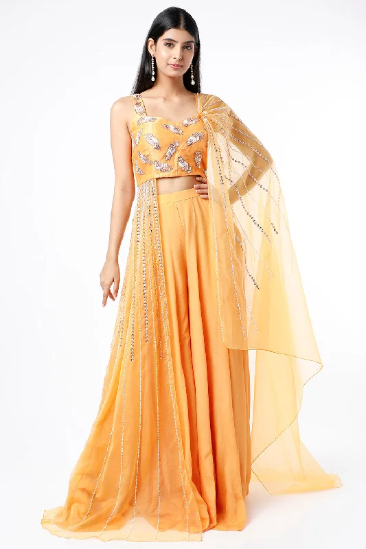 Yellow Sharara Drape Blouse Set Elegant Embroidery Blouse