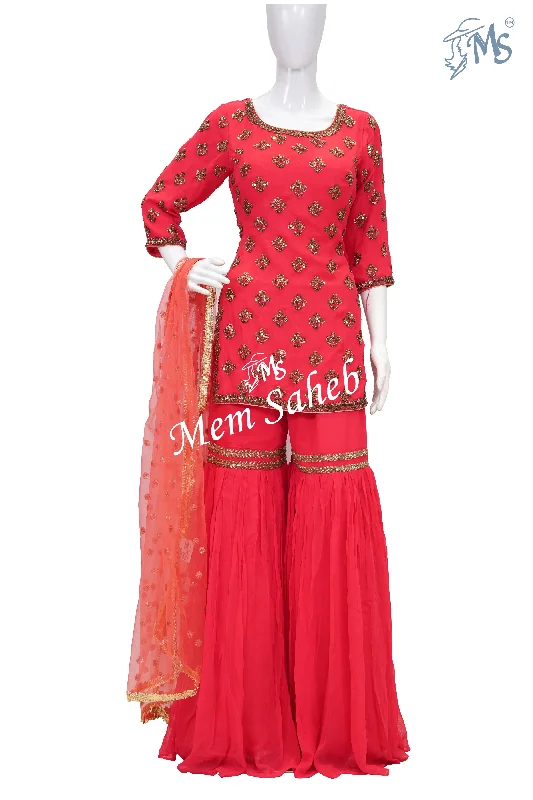 Indo Western Tomato Pink Pure Crape Short Top with Gharara Pant Fashionable Button-Up Pants