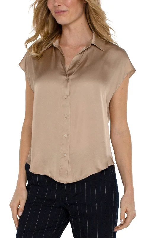 Liverpool Sleeve Collared Button Front Woven Blouse (Champagne) Pleated Collar Blouse