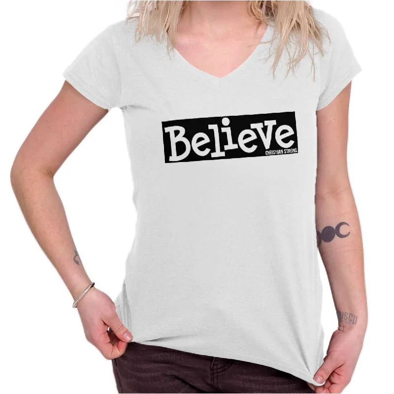 Believe Christian Strong Junior Fit V-Neck T-Shirt Mesh Blend Leather Blend Suede Blend