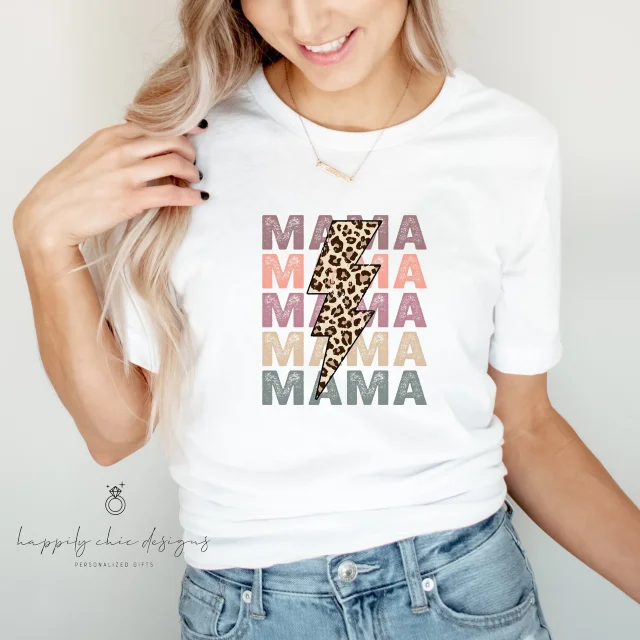 Retro cheetah leopard mama stacked lightning bolt 70s shirt- gift for mom- mama shirts- Mother’s Day t-shirt- first Mother’s Day gift box Chenille Blend Fleece Blend Nylon Blend