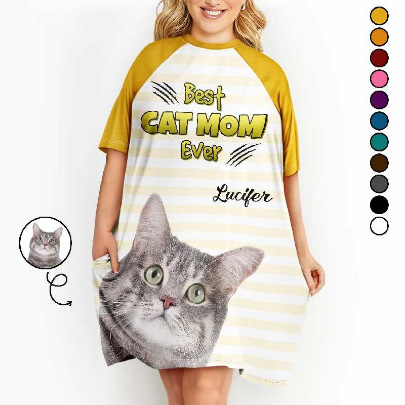 Custom Photo Best Cat Mom Ever - Gift For Cat Mom - Personalized Women's Sleep Tee Asymmetrical Pockets Print