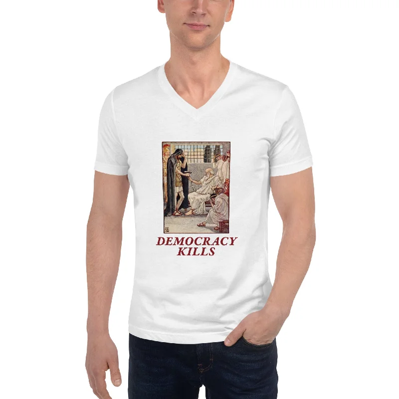 Democracy Kills - Unisex V-Neck T-Shirt Graphic Embroidered Appliqued