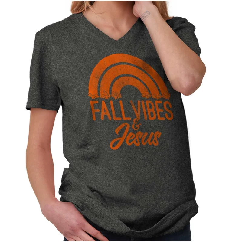 Fall Vibes & Jesus V-Neck T Shirt Fleece Fabric Down Fabric Feather Fabric