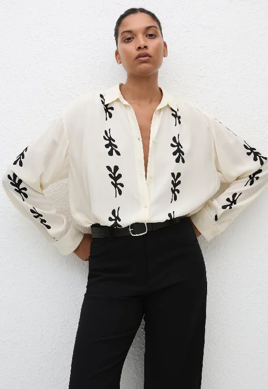 Long Sleeve Silk Shirt - Fig Leaf (Ivory) Solid Print Embellished