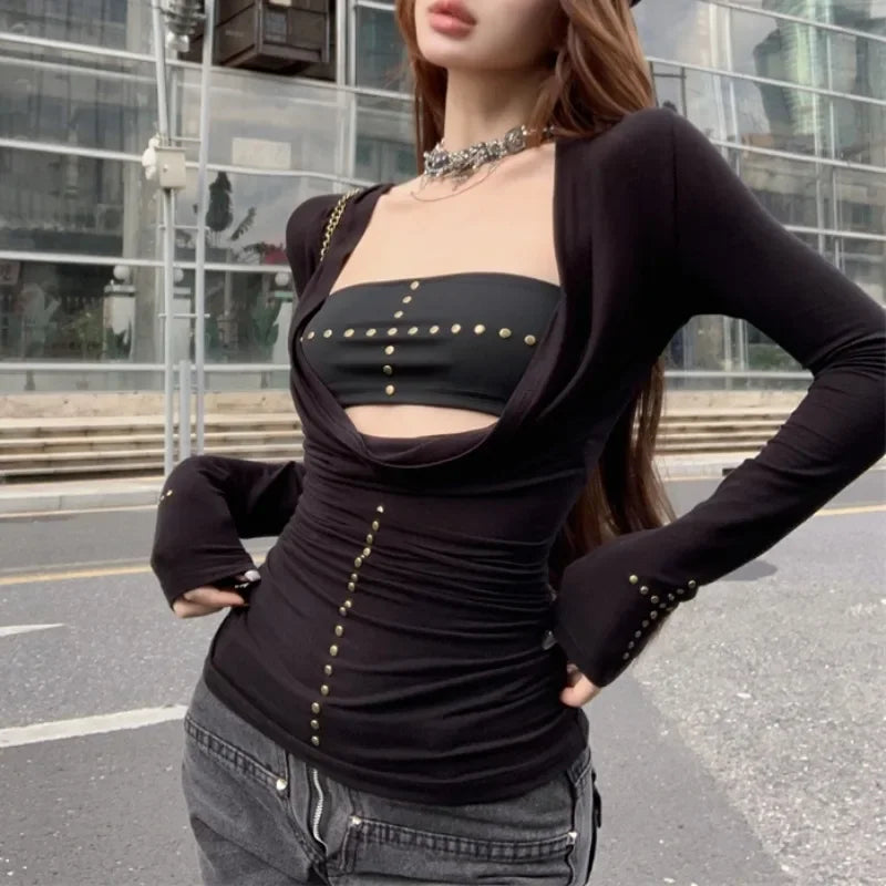 Lunivop Autumn New Deep V-neck Pleated Sexy Slim Rivets Long-sleeved T-shirt Women + Black All-match Tube Tops Two-piece Suit Rayon Fabric Velvet Fabric Corduroy Fabric