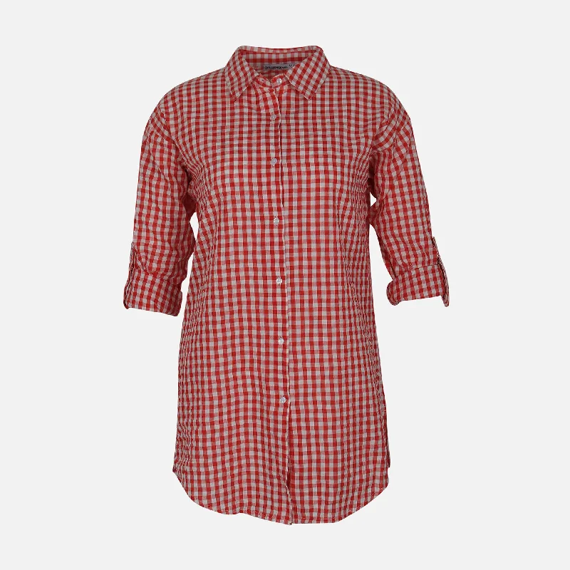 N LADIES COTTON CHECKED LONG SHIRT Fitted T-Shirt Seamless Stretchy