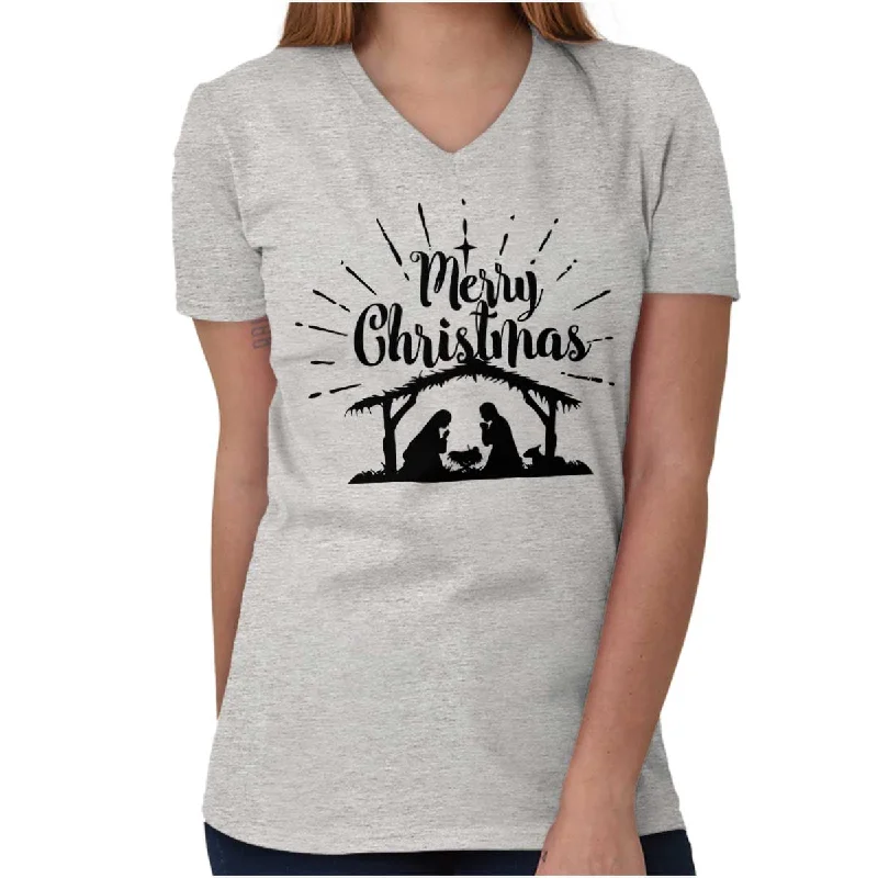 Nativity Scene Merry Christmas V-Neck T-Shirt Graphic T-Shirt Round Neck Polyester