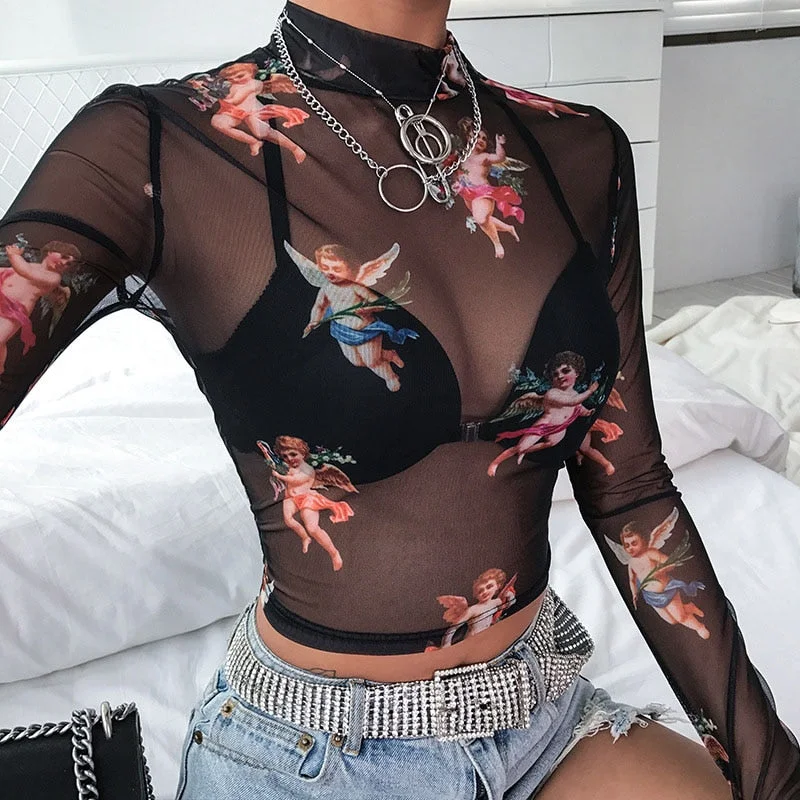 Sexy Women T Shirt See Through Transparent Mesh Tops Long Sleeve Sheer Slim Ladies Turtleneck T-Shirt New Arrival Women tshirt Boxy Fit Fitted Loose