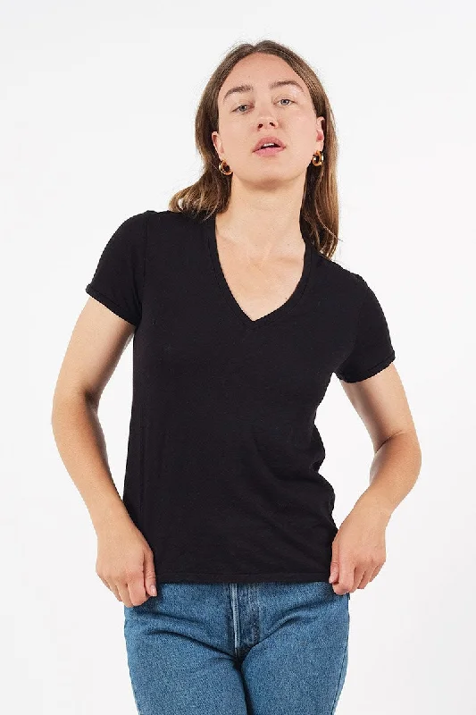 Supima Slub Jersey V-Neck Tee - Black Embroidered Appliqued Beaded