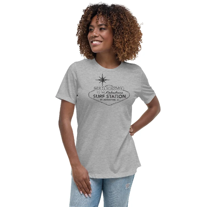 Surf Station Welcome Sign Black Women's Relaxed T-Shirt Collared Crew Neck Turtle Neck