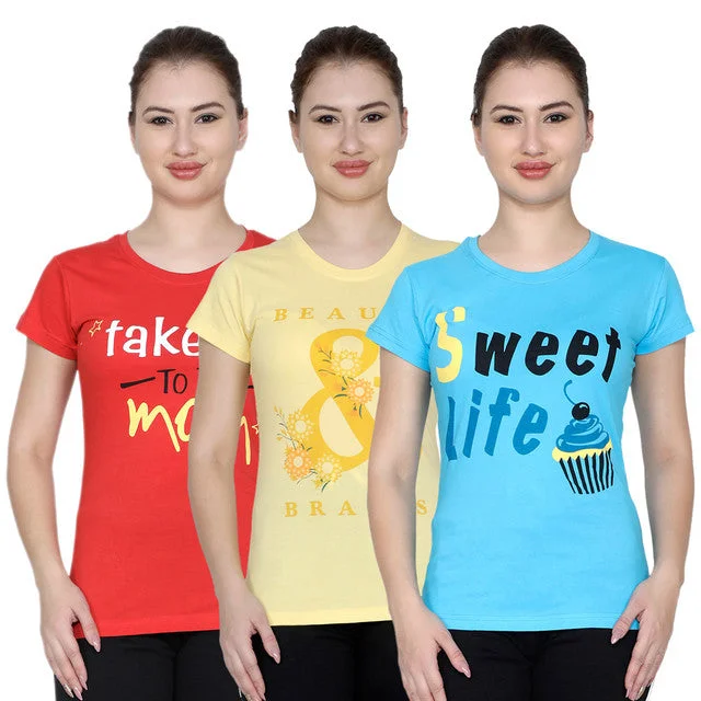 T.T. Women Printed Slim Fit Tshirt Pack Of 3 Sky::Yellow::Red Front Pockets Side Pockets Patch Pockets