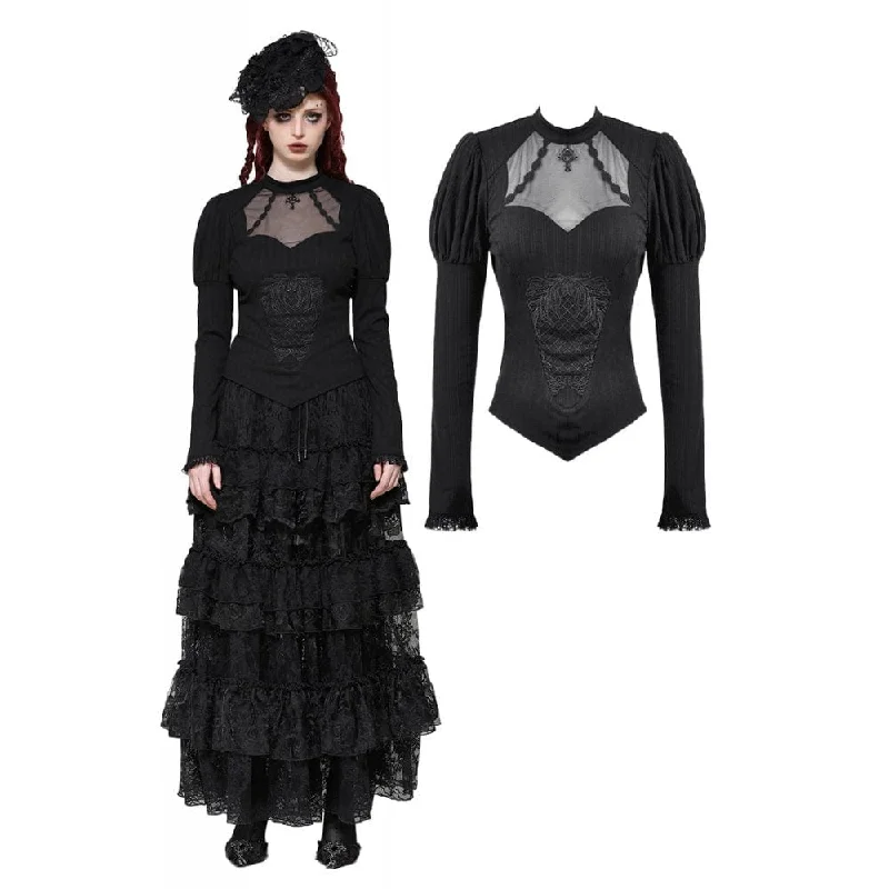 Women's Gothic Cut-out Mesh Long Sleeved Shirt V-Neck T-Shirt Long Sleeve Cotton