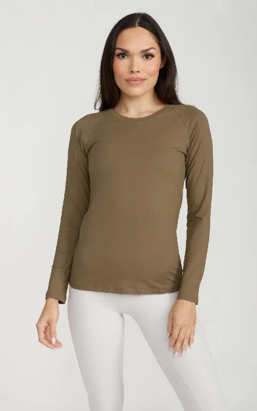 Women's Long Sleeve Lux-Tech Shirt in Military Olive Modern Contemporary Chic