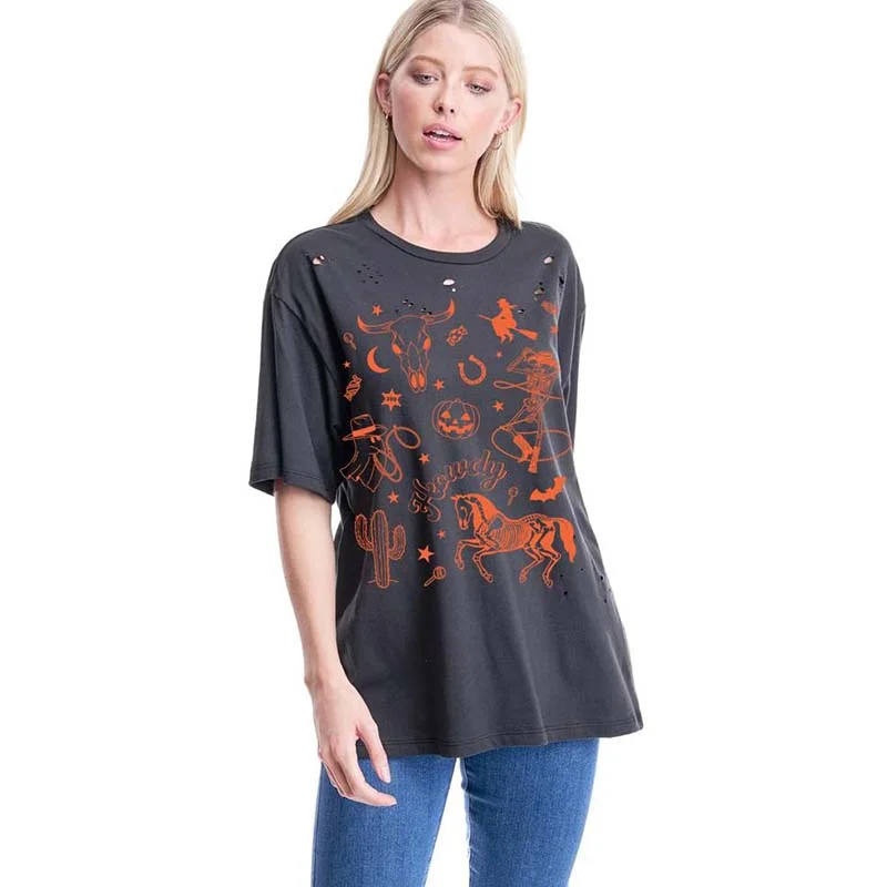 All Over Halloween Graphic Short Sleeve T-Shirt Houndstooth Herringbone Solid