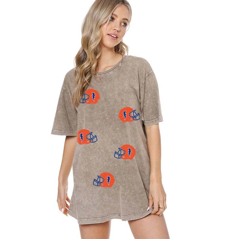 Gameday Helmets Short Sleeve T-Shirt in in Blue and Orange Jersey Fabric Tulle Fabric Batik Fabric