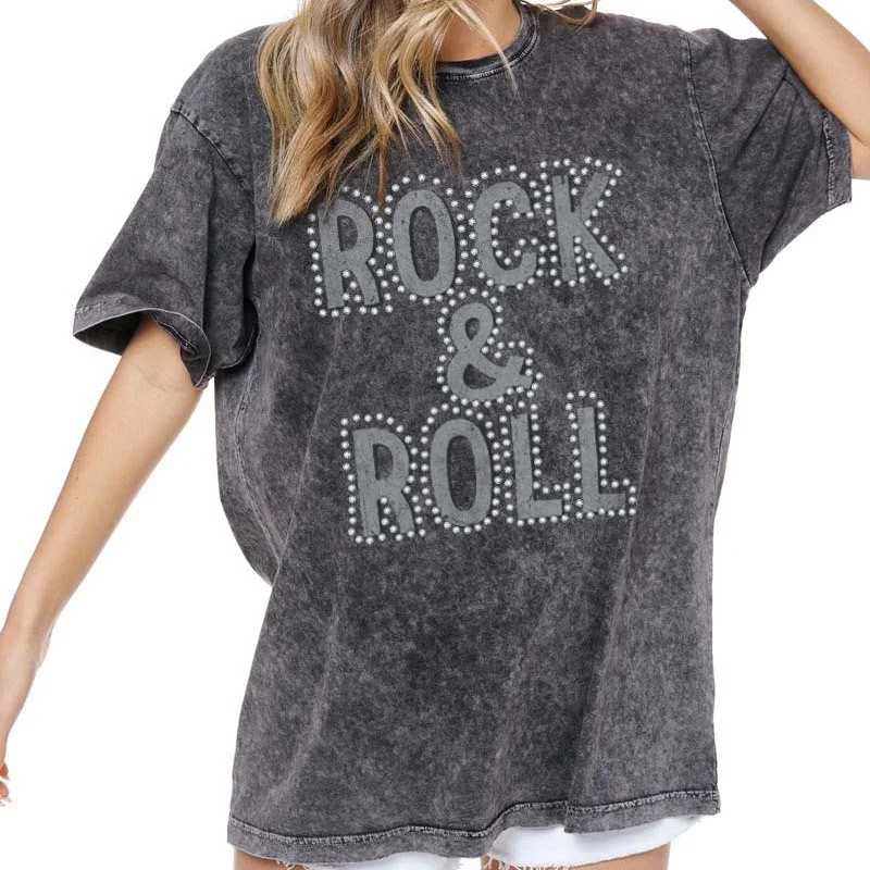 Rock N Roll Studded Short Sleeve T-Shirt Collared Crew Neck Turtle Neck