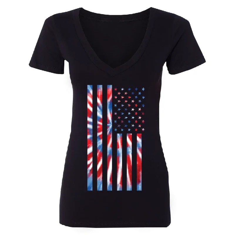 Zexpa Apparelâ„¢ Patriotic Tie Dye American Flag Women's Deep V-neck 4th of July USA Tee Satin Blend Silk Blend Wool Blend