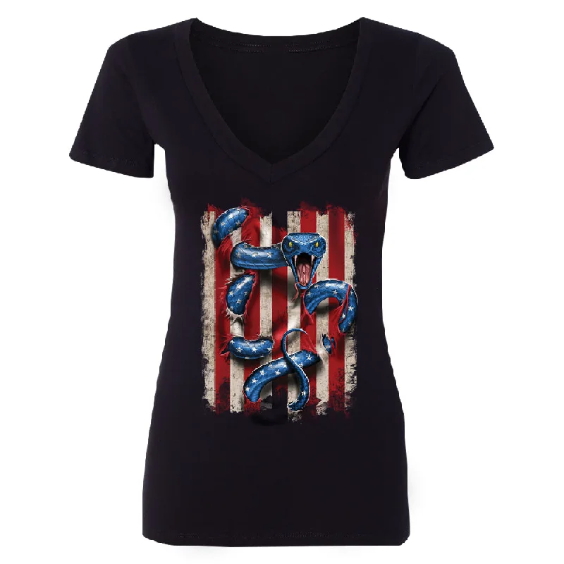 Zexpa Apparelâ„¢ Patriotic American Serpent Snake Women's Deep V-neck 4th of July USA Tee Striped Floral Plaid