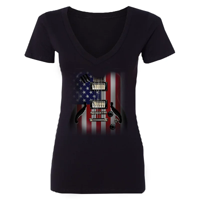 Zexpa Apparelâ„¢ Patriotic American Flag Guitar Women's Deep V-neck 4th of July USA Tee Oversized T-Shirt Spandex breathable