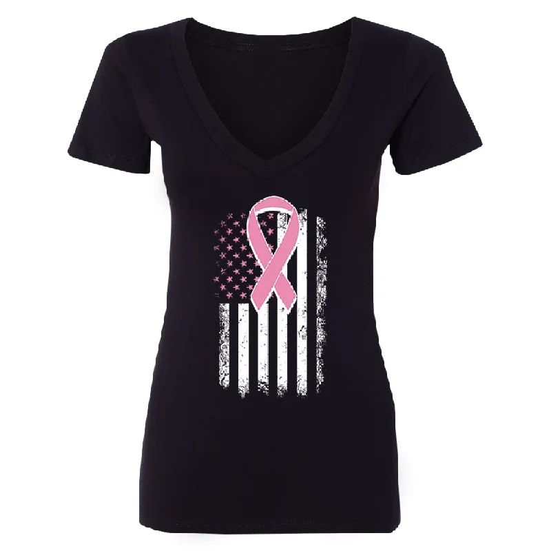 Zexpa Apparel™ Pink Vintage American Flag Women's Deep V-neck Breast Cancer Awareness Tee Print Jacquard Patchwork