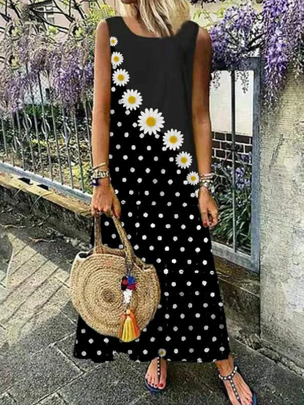 Women Bohemian Sleeveless Daisy Print Maxi Dress Stylish One-Shoulder Maxi Dress