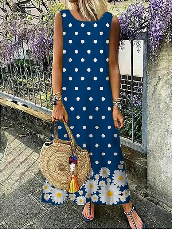 Women Bohemian Sleeveless Daisy Polka Dot Maxi Dress Casual Maxi Dress with Pockets