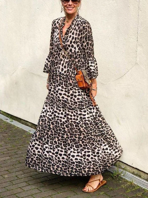 Women Bohemian 3/4 Sleeve Leopard Maxi Dress Fashionable High-Waist Maxi Dress