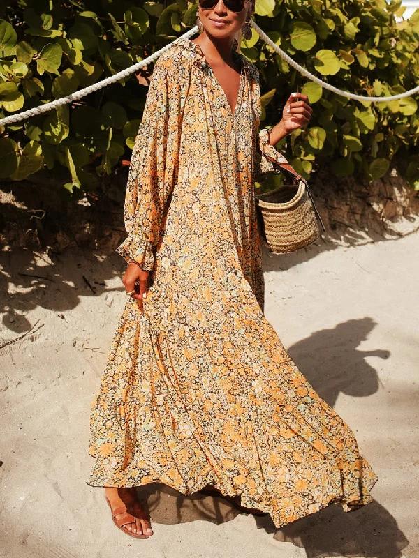 Women Bohemian V Neck Long Sleeve Floral Maxi Dress Trendy Maxi Dress with Lace