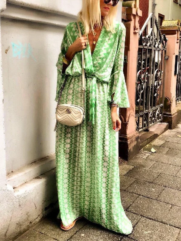 Women Bohemian V Neck 3/4 Sleeve Maxi Dress Trendy A-Line Maxi Dress